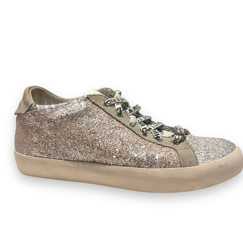 Leather Crown Glitter Sneakers Womens 38 Gray Rose Lace Up Low Top